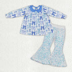 GLP1717 baby girl clothes blue bows girl sequin bell bottom pant set