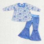 GLP1718 baby girl clothes blue bows girl sequin bell bottom pant set