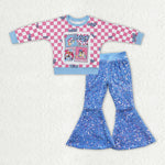 GLP2139 baby girl clothes cartoon dog girl christmas sequin bell bottom pant set