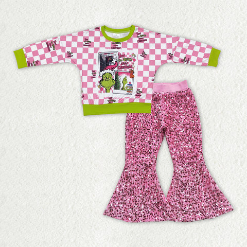 GLP2141 baby girl clothes cartoon girl christmas sequin bell bottom pant set