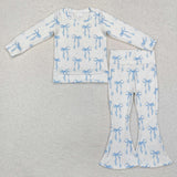 GLP2143 cable knit toddler girl clothes blue bows girl bell bottom pant set