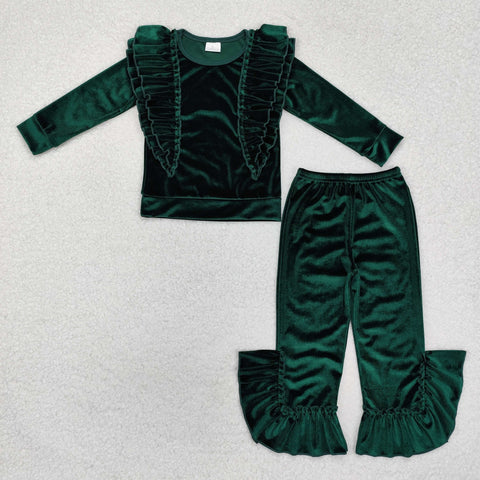 GLP2165    toddler girl clothes green velvet girl winter clothes christmas  set