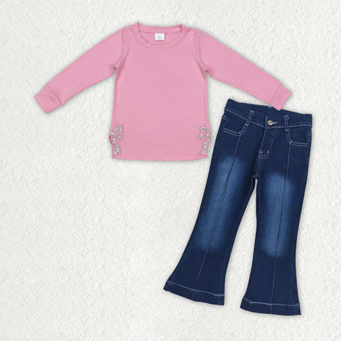 GLP2299 baby girl clothes embroidered bow girl bell bottoms jeans outfits