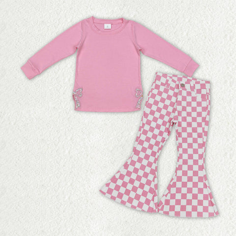 GLP2301 baby girl clothes embroidered bow girl bell bottoms jeans outfits