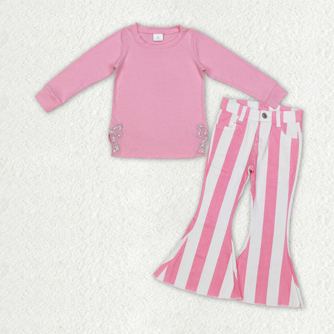 GLP2302 baby girl clothes embroidered bow girl bell bottoms jeans outfits