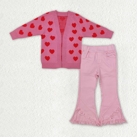 GLP2328 baby clothes love sweater girls Valentine's Day bell bottom pant set