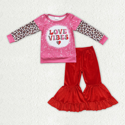 GLP2331 toddler girl clothes love leopard print girl Valentine's Day bell bottom set