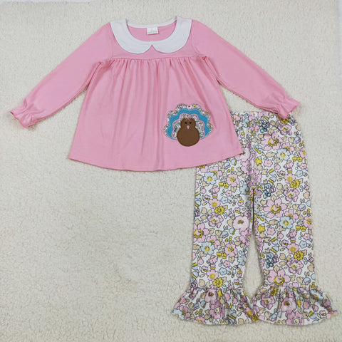GLP2409  toddler girl clothes embroidery  turkey girl thanksgiving winter set