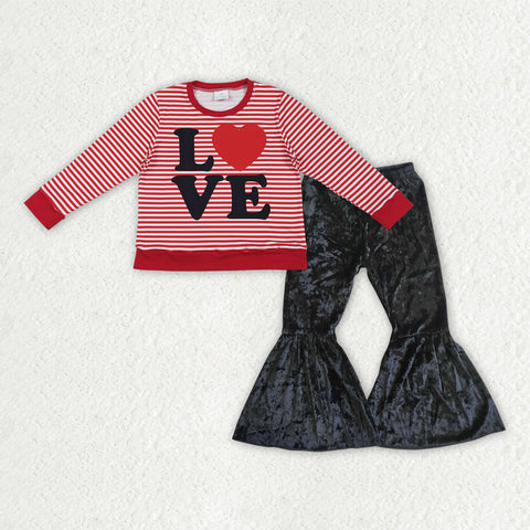 GLP3082 toddler girl clothes love girl valentine velvet bell bottom pant set