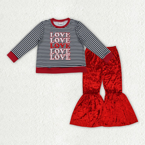GLP3083 toddler girl clothes love girl valentine velvet bell bottom pant set