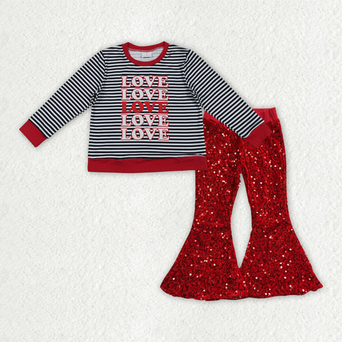 GLP3084 toddler girl clothes love girl valentine sequins bell bottom pant set