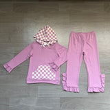 Sample girls purple long sleeves plaid hooded ruffle pants outfits