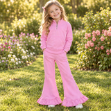 9.28 Pre-order GLP3947 Girls solid pink zipper long sleeves ruffle pants Outfits cotton