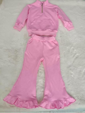 9.28 Pre-order GLP3947 Girls solid pink zipper long sleeves ruffle pants Outfits cotton