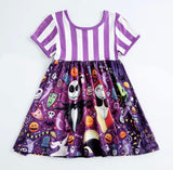 Halloween Purple Cute Cartoon Stripe Print Short Sleeve Girls Summer Twirl Dresses