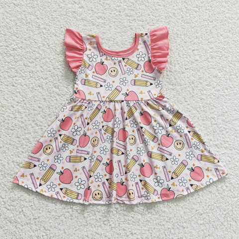 Back to school girls apple floral flying dress