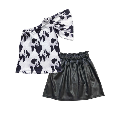 Kids one shoulder black leather skirt set