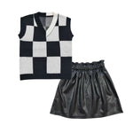 Girls pullover vest black leather skirt set