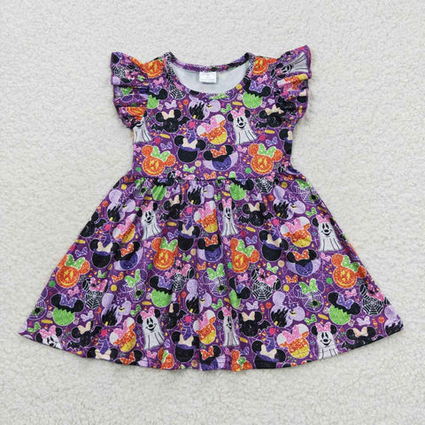 Little girl cute cartoon halloween purple flutter dress