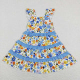 GSD0682 baby girl clothes blue flower floral toddler summer dress ruffles dresses