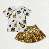 RTS girl clothes girl summer set  cheer girl summer short leather skirt set