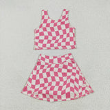 GSD2329  toddler girl clothes pink gingham girl summer set yoga clothes