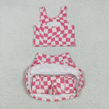 GSD2329  toddler girl clothes pink gingham girl summer set yoga clothes