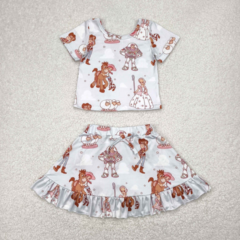 GSD2359   toddler girl clothes cartoon girl summer skirt set