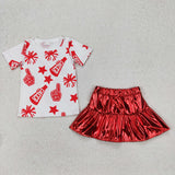 RTS girl clothes girl summer set  cheer girl summer short leather skirt set