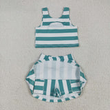 GSD2432   toddler girl clothes green stripes girl summer set yoga clothes