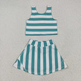 GSD2432   toddler girl clothes green stripes girl summer set yoga clothes