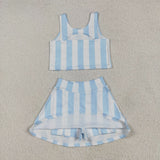 GSD2433   toddler girl clothes blue stripes girl summer set yoga clothes