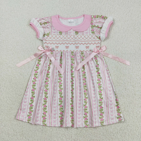 GSD2717  toddler clothes embroidery pink bows baby girl summer dress