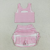 GSD2786  toddler girl clothes pink gingham girl summer dress yoga clothes