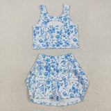 GSD2787 toddler girl clothes blue floral girl summer set yoga clothes