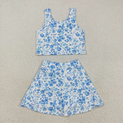 GSD2787 toddler girl clothes blue floral girl summer set yoga clothes