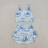 GSD3067 toddler girl clothes castle print girl yoga summer skirt set