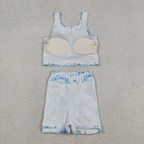 GSD3067 toddler girl clothes castle print girl yoga summer skirt set