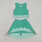 GSD3320   toddler girl clothes green print girl yoga summer skirt set