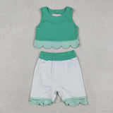 GSD3320   toddler girl clothes green print girl yoga summer skirt set