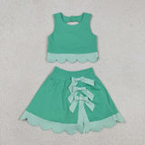GSD3320   toddler girl clothes green print girl yoga summer skirt set