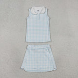 GSD3375   toddler girl clothes blue gingham print girl yoga summer skirt set