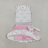 GSD3478   toddler girl clothes  bows print girl yoga summer skirt set