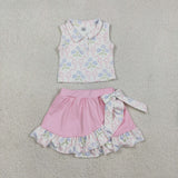 GSD3478   toddler girl clothes  bows print girl yoga summer skirt set
