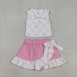GSD3479   toddler girl clothes  bows print girl yoga summer skirt set