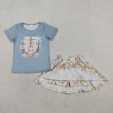 GSD3486  toddler girl clothes rabbit print girl easter summer skirt set