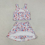 GSD3498   toddler girl clothes flag print girl yoga summer skirt set