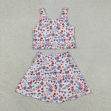 GSD3498   toddler girl clothes flag print girl yoga summer skirt set