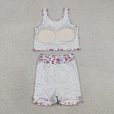 GSD3498   toddler girl clothes flag print girl yoga summer skirt set