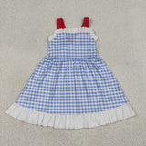 GSD3843   kids girl clothes blue gingham print girl summer dress